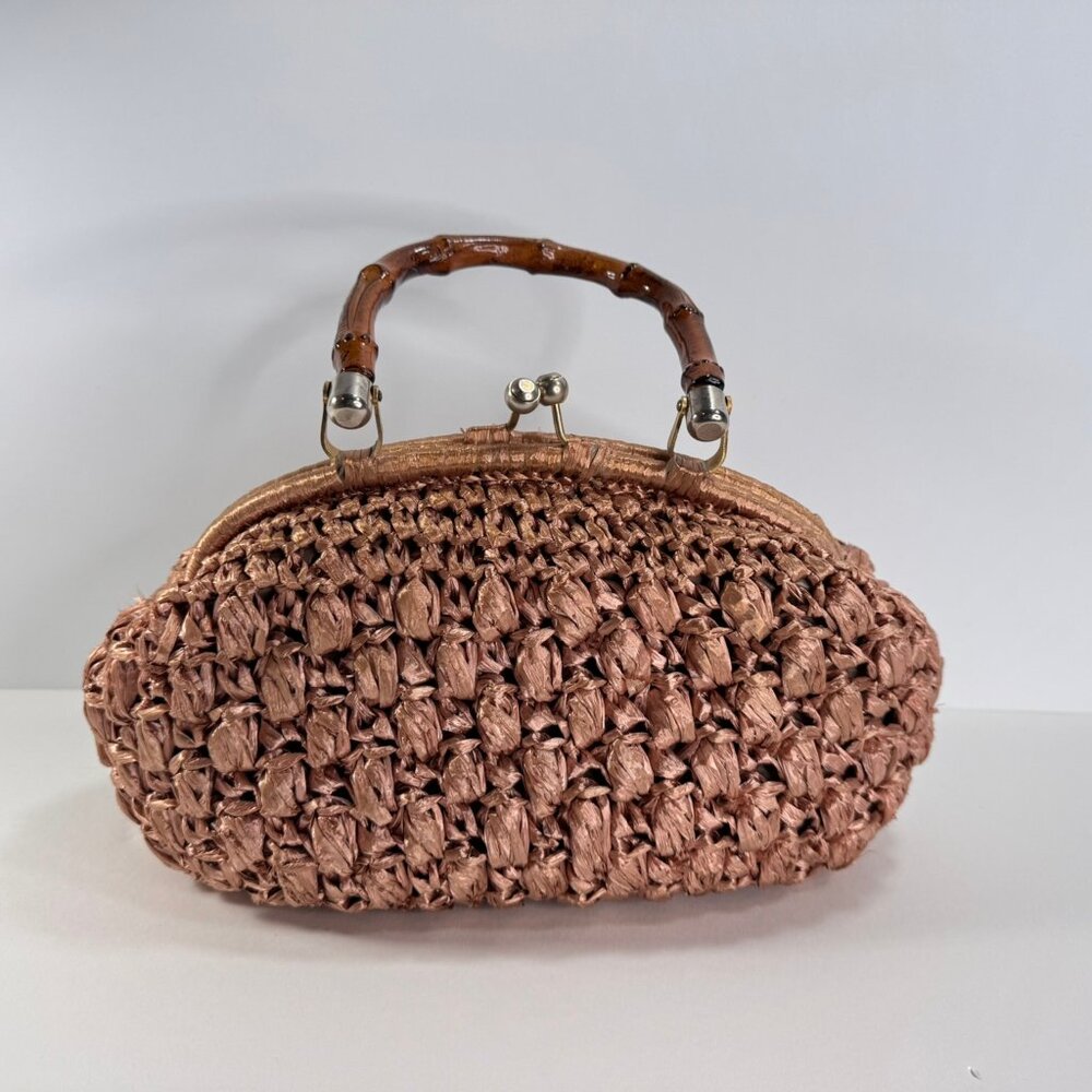 Vintage Pink Raffia Woven Handbag w/ Bamboo Handle Made in Italy